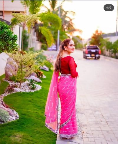 Pink and maroon chiffon saree