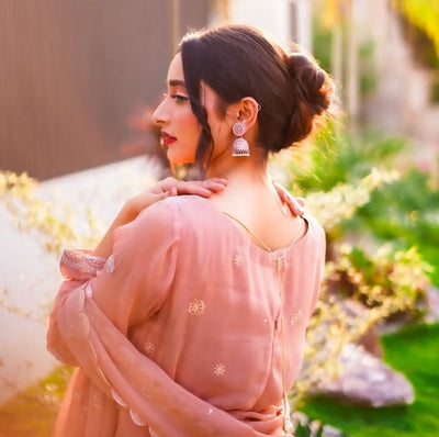 Tea Pink Shirt &amp; Peach Banarsi Sharara – 3 Piece Set
