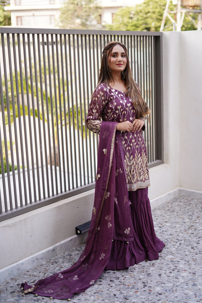 "Rania" – Regal Purple Gharara Set (3-Piece)