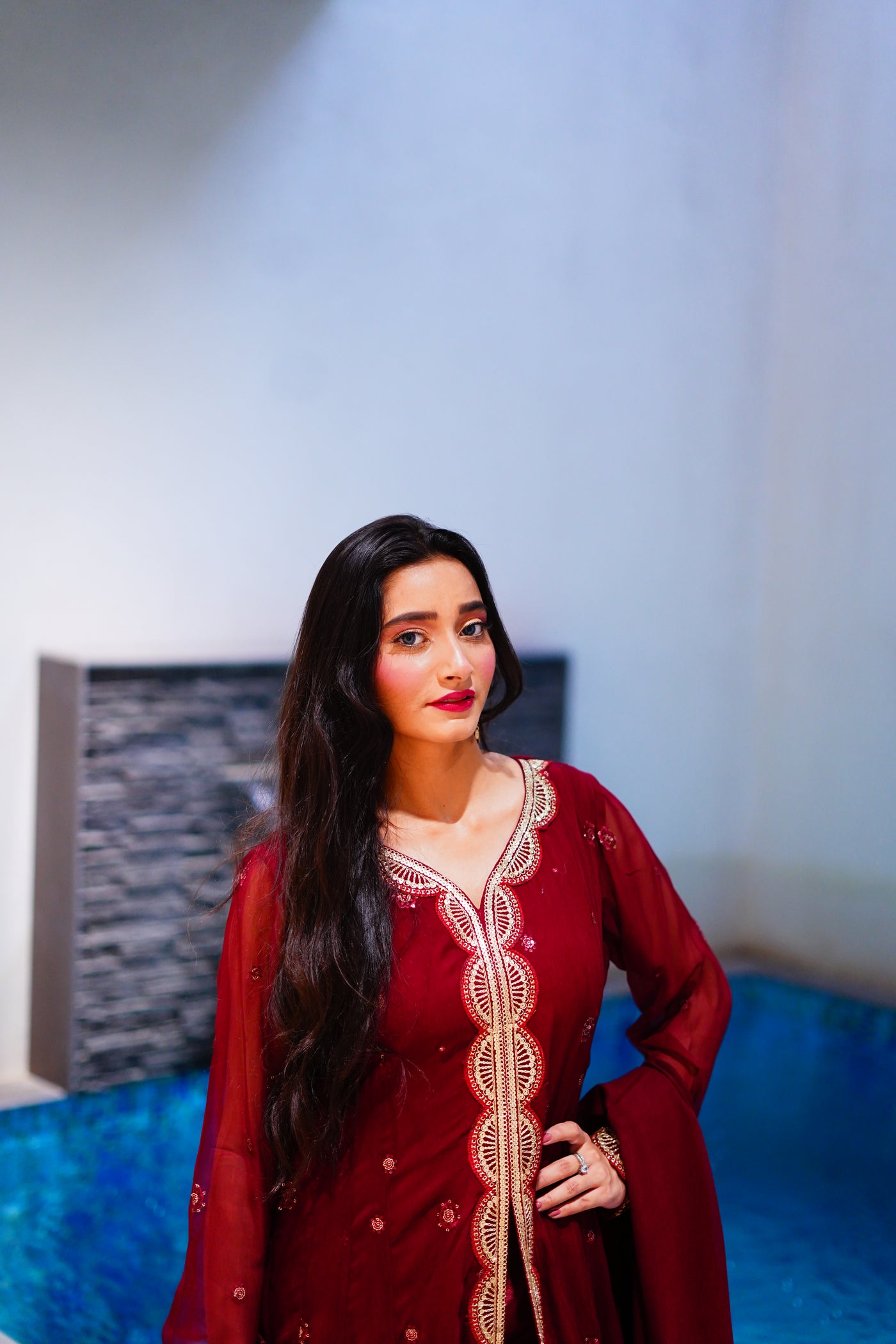 Red long open shirt