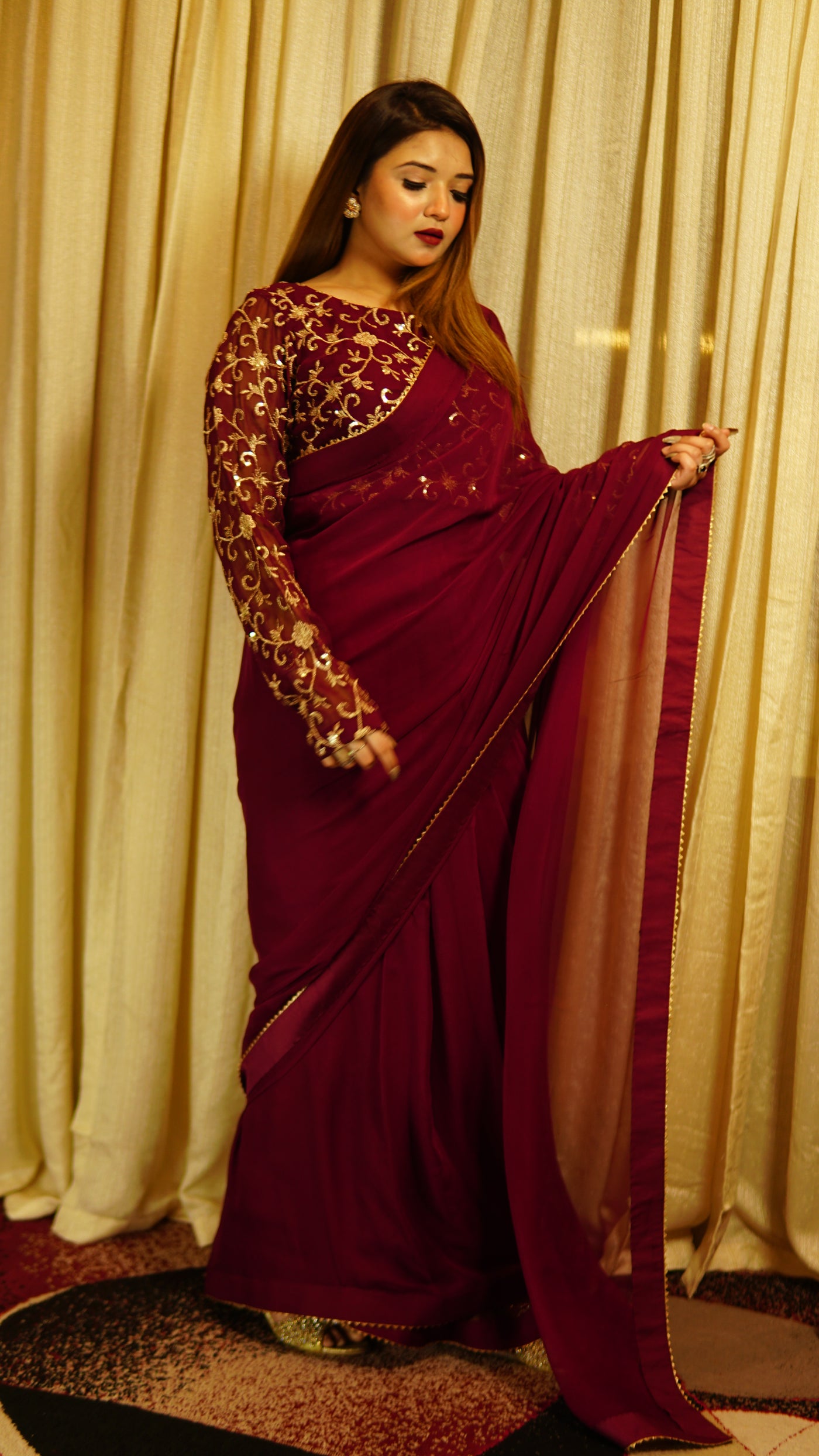 Maroon Chiffon Saree with Sequence work