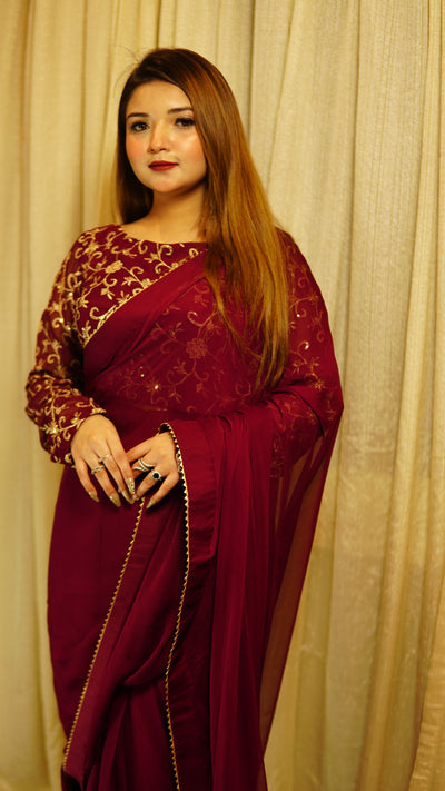Maroon Chiffon Saree with Sequence work