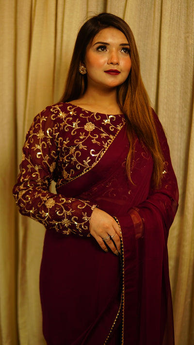 Maroon Chiffon Saree with Sequence work