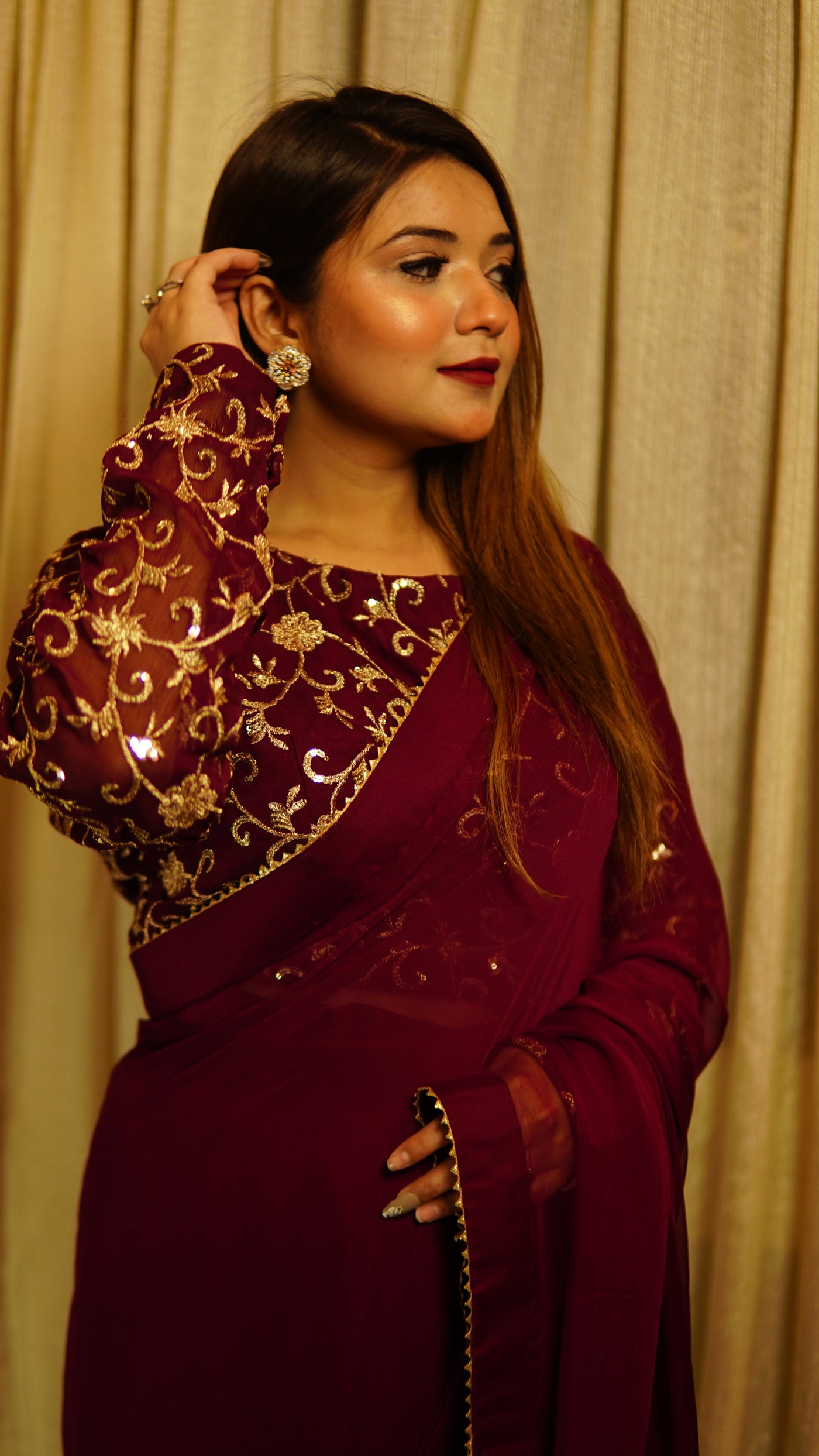 Maroon Chiffon Saree with Sequence work