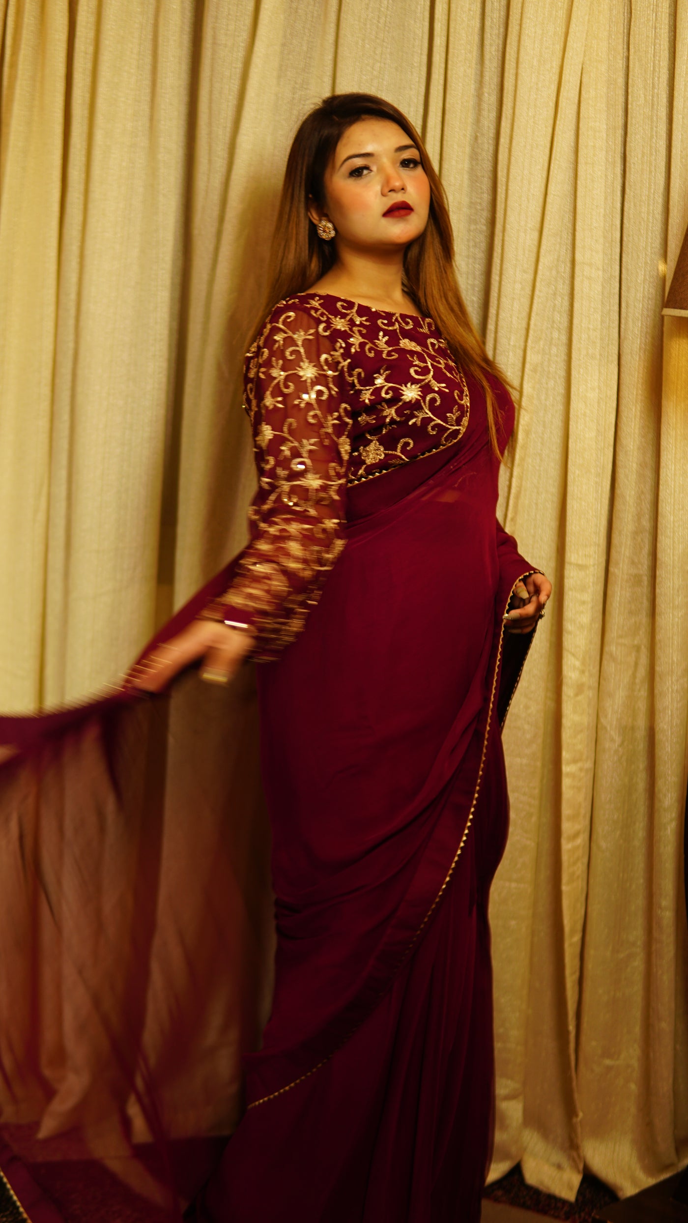 Maroon Chiffon Saree with Sequence work