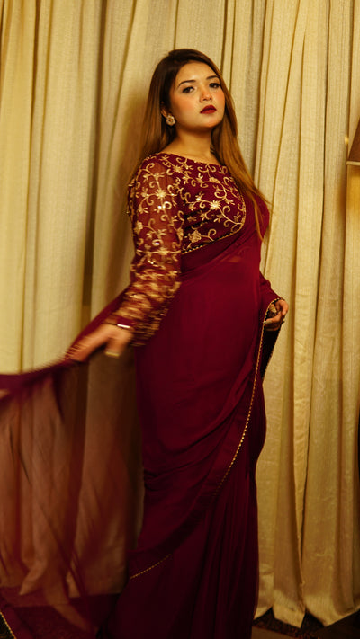 Maroon Chiffon Saree with Sequence work