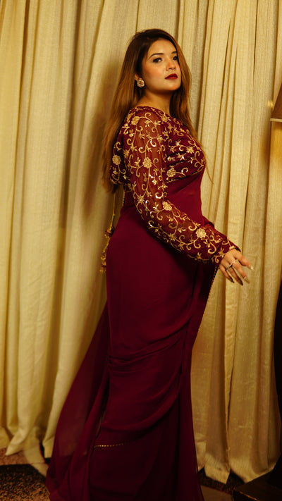 Maroon Chiffon Saree with Sequence work