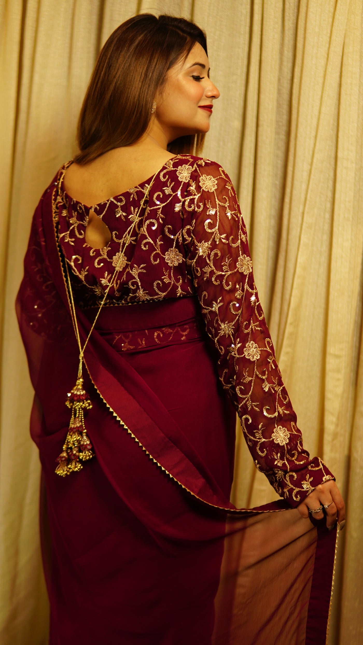 Maroon Chiffon Saree with Sequence work