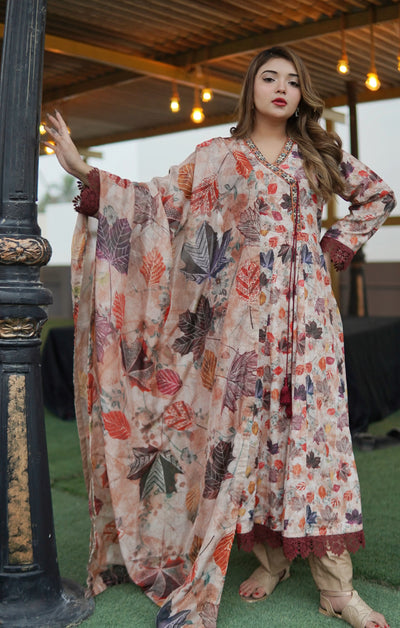 Printed Lawn Angrakha Frock Set – 3 Piece