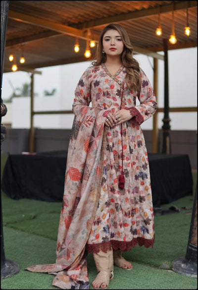 Printed Lawn Angrakha Frock Set – 3 Piece