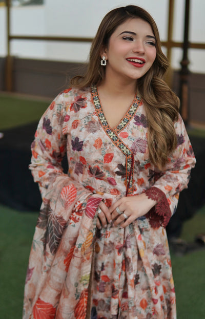 Printed Lawn Angrakha Frock Set – 3 Piece