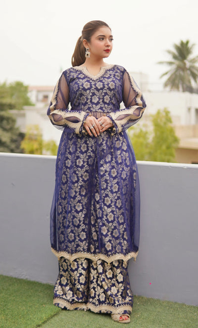 Nazneen – Navy Blue Banarsi Net Ensemble (2-Piece Set)