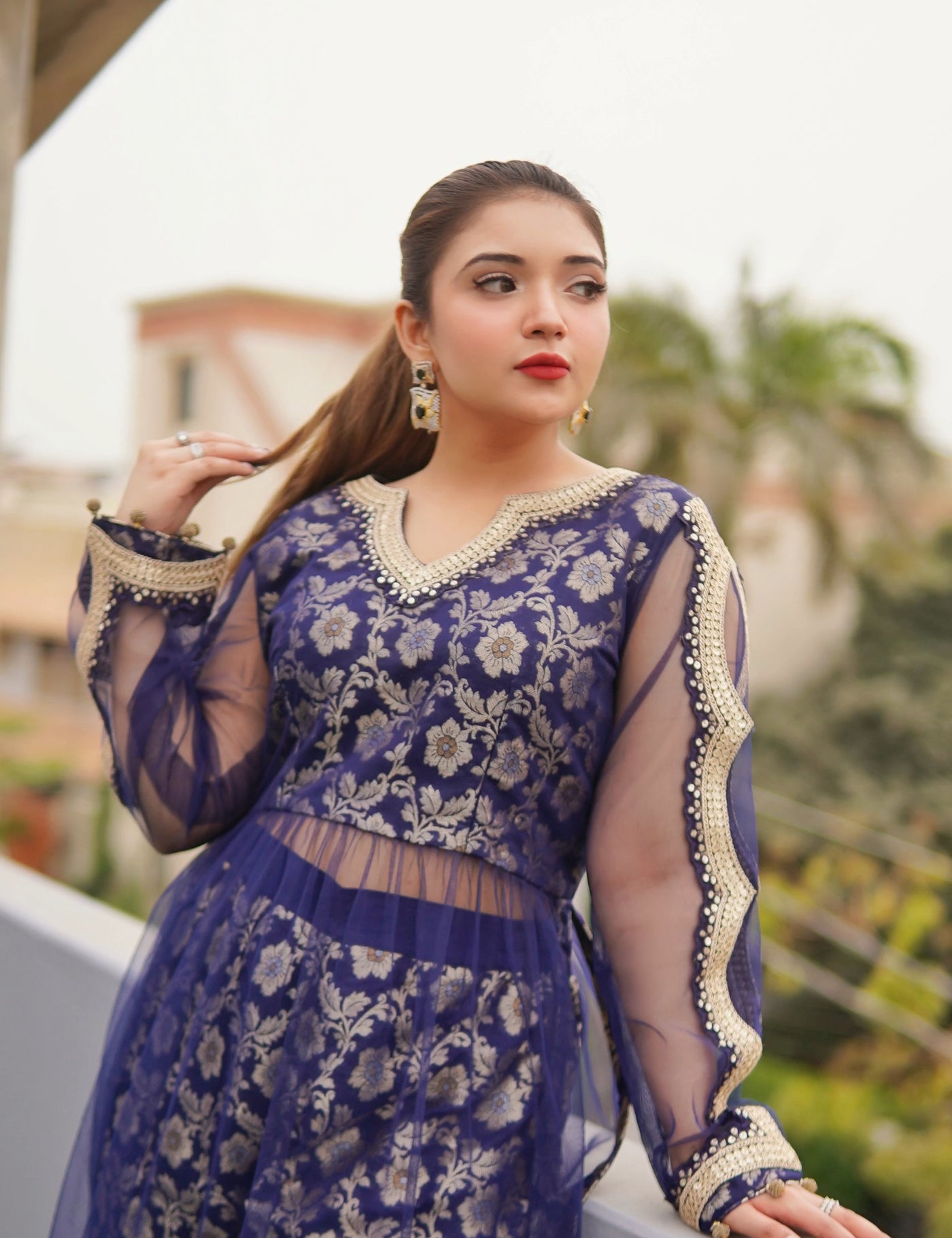 Nazneen – Navy Blue Banarsi Net Ensemble (2-Piece Set)