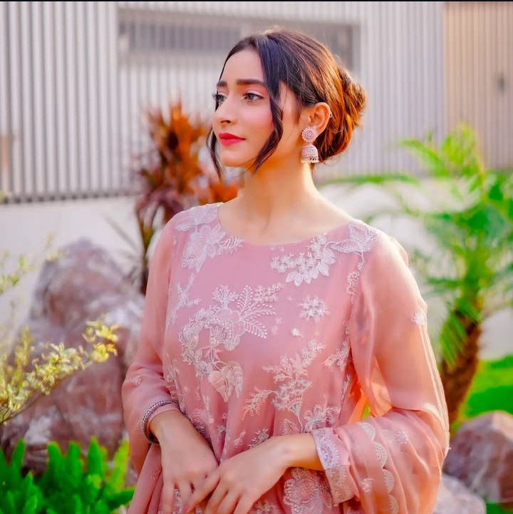 Tea Pink Shirt &amp; Peach Banarsi Sharara – 3 Piece Set